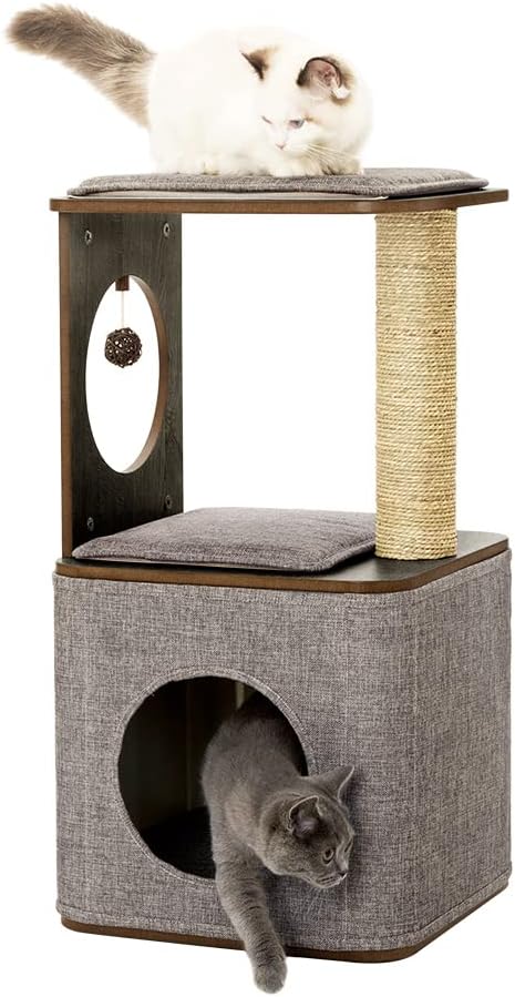 Taily Wooden Cat Tree King Scratching Post Cubox Condo Removable Cover Modern Cat Furniture House for Indoor Cats