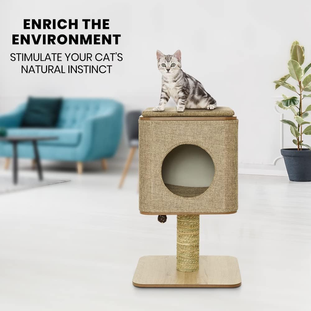 Taily Wooden Cat Tower Scratching Tree Post Cubox House Removable Cover Cat Trees Modern Furniture for Indoor Cats