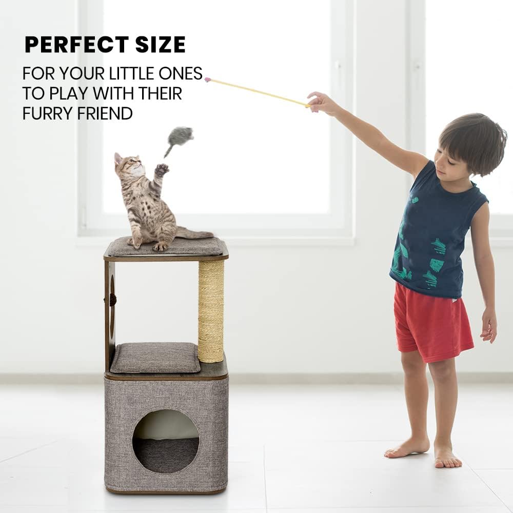 Taily Wooden Cat Tree King Scratching Post Cubox Condo Removable Cover Modern Cat Furniture House for Indoor Cats