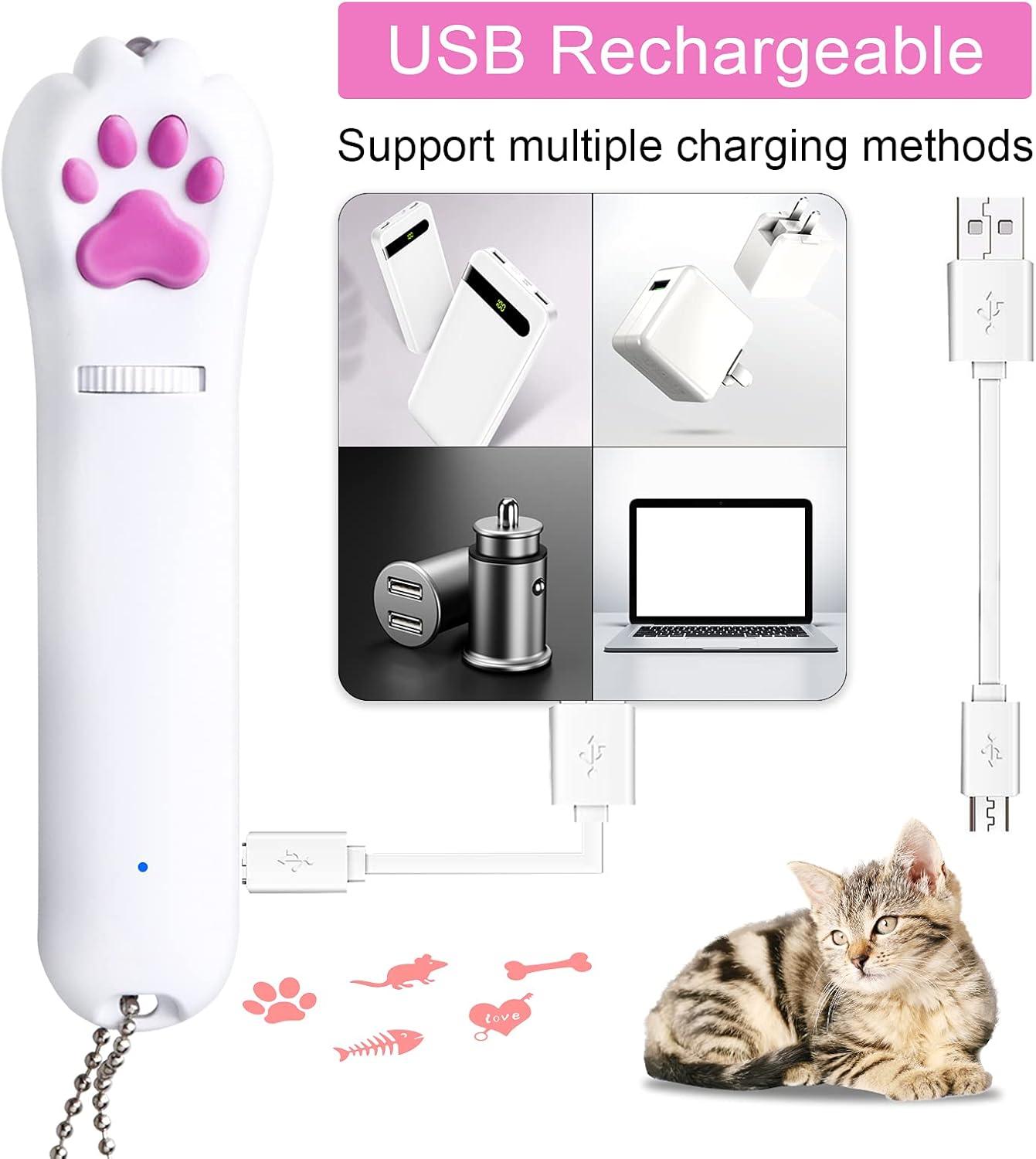 nteractive Cat Toy 2 Pack LED Light Pointer USB Rechargeable Cat Catch Toys with 5 Patterns & Purple Light Check Urine Stains, Cat Moss Paw Style Cat Chase Toys