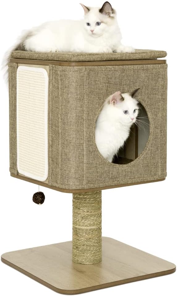Taily Wooden Cat Tower Scratching Tree Post Cubox House Removable Cover Cat Trees Modern Furniture for Indoor Cats