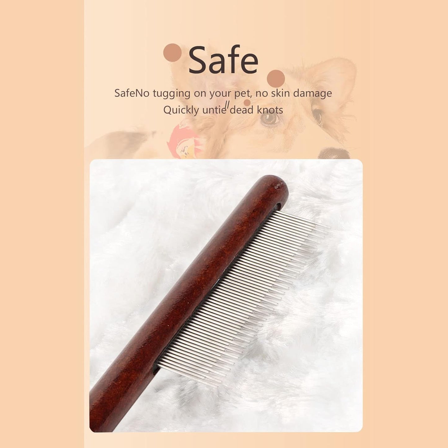 Pet Wooden Comb, Stainless Steel Pin Teeth Comb