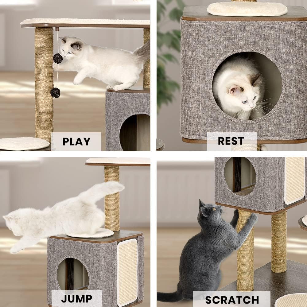 Taily Cat Scratching Tree Post Cubox Wooden Cat Tower Condo Removable Cover Cat Trees Furniture Toy for Indoor Cats