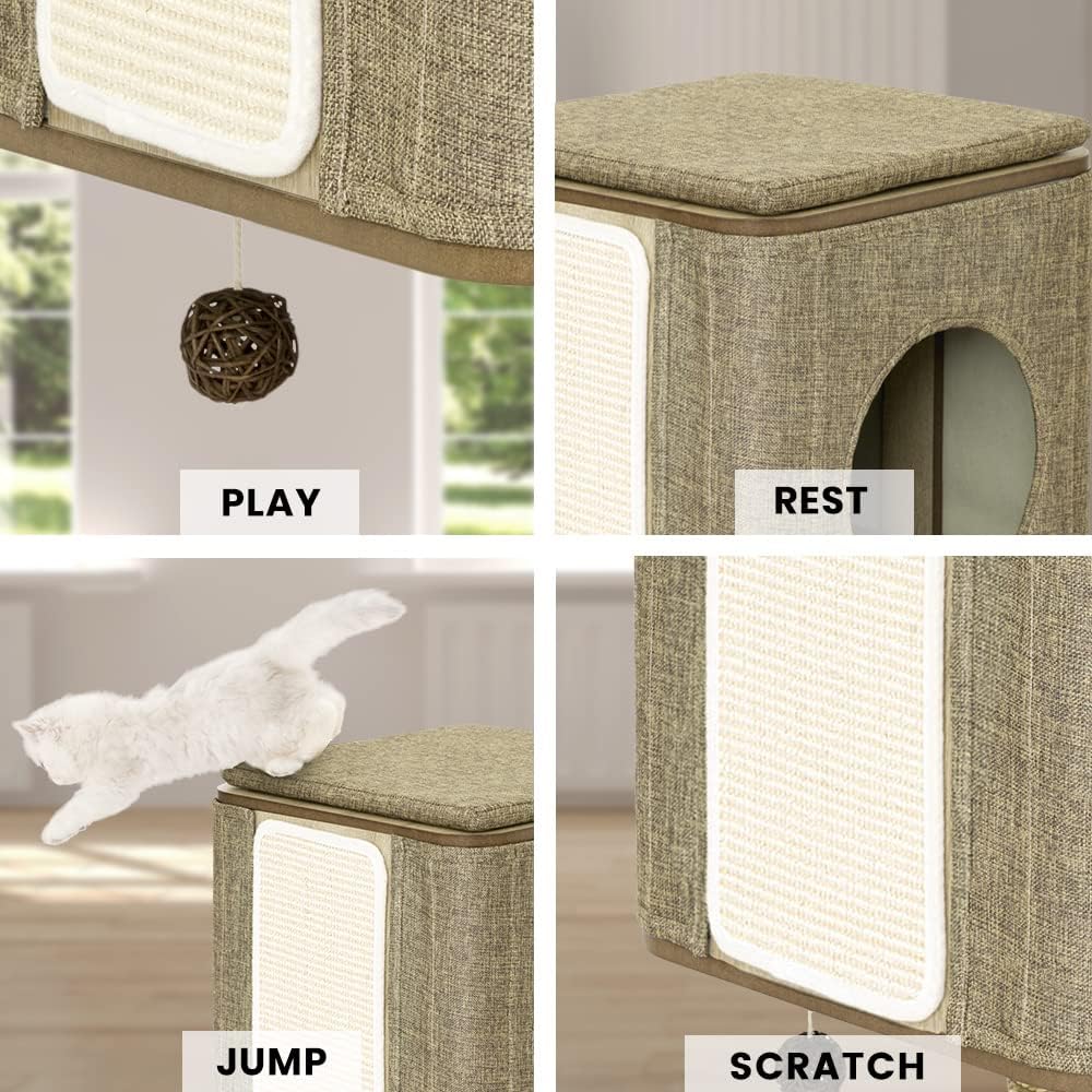 Taily Wooden Cat Tower Scratching Tree Post Cubox House Removable Cover Cat Trees Modern Furniture for Indoor Cats