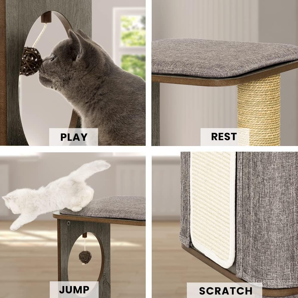 Taily Wooden Cat Tree King Scratching Post Cubox Condo Removable Cover Modern Cat Furniture House for Indoor Cats