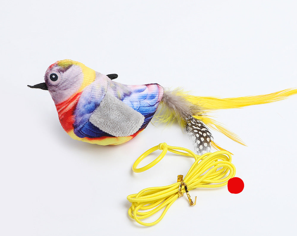 Colorful bird-shaped cat toy with a yellow string on a white background