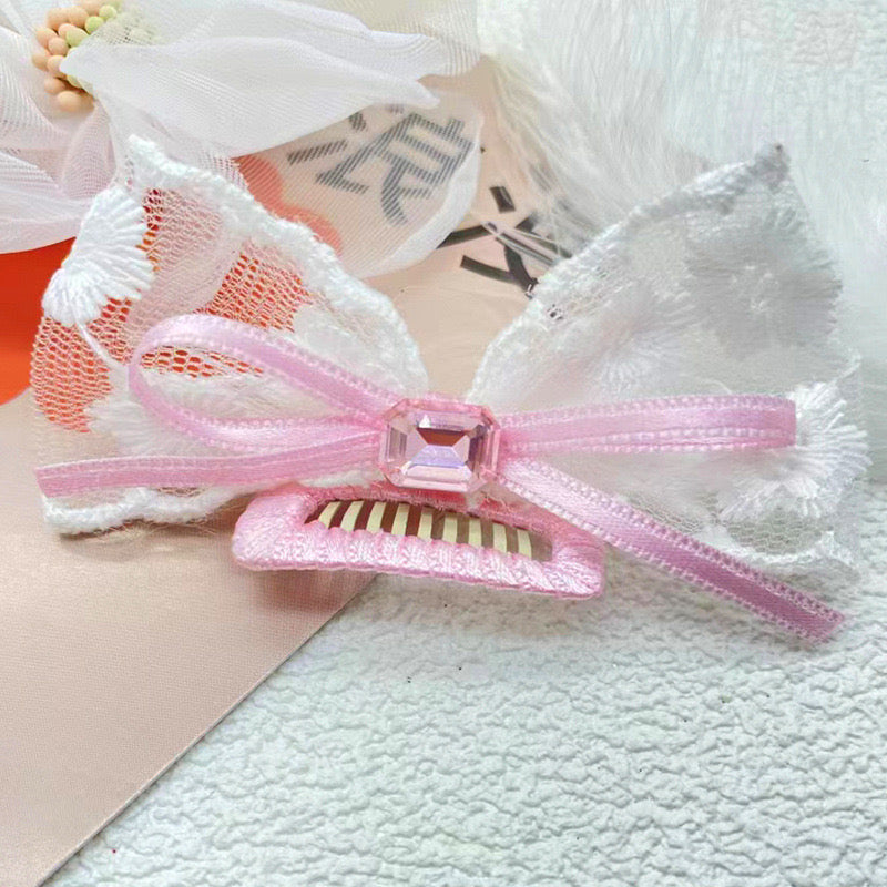 Bow with Lace and Square Diamond Hair Clip