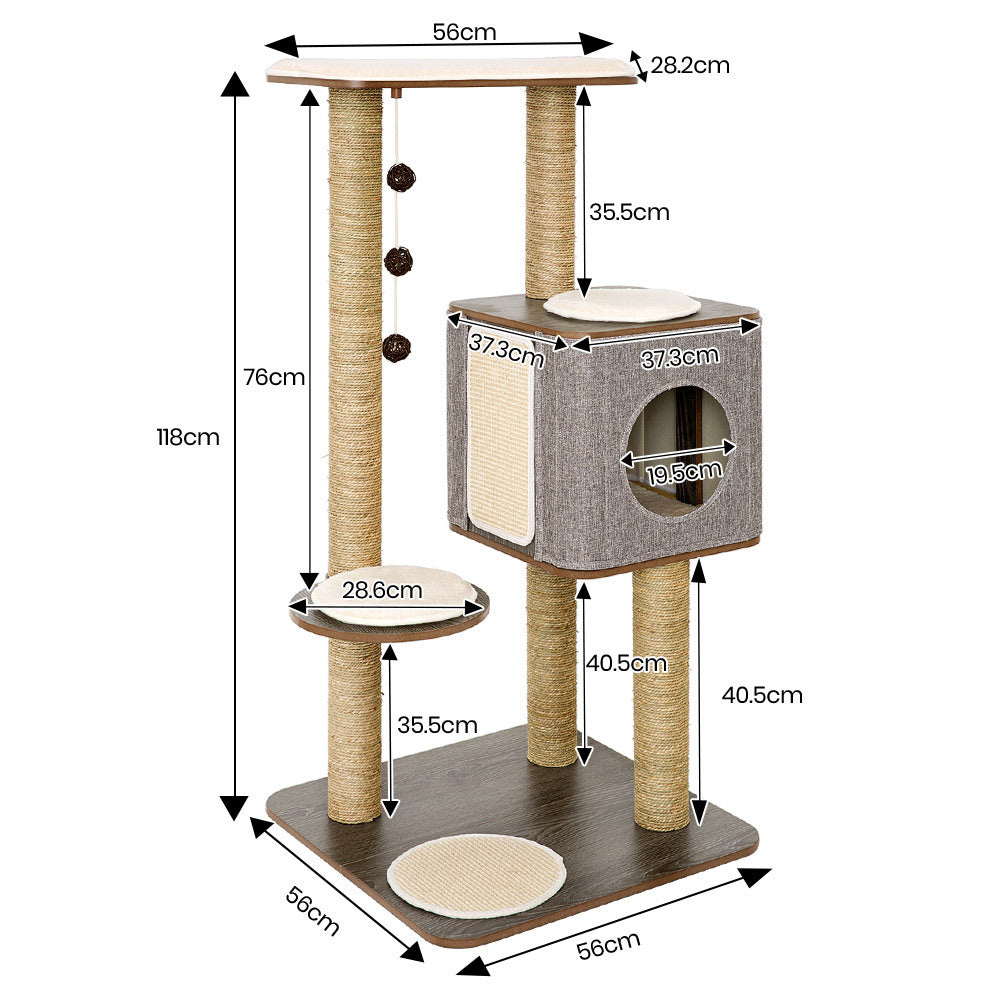 Taily Cat Scratching Tree Post Cubox Wooden Cat Tower Condo Removable Cover Cat Trees Furniture Toy for Indoor Cats