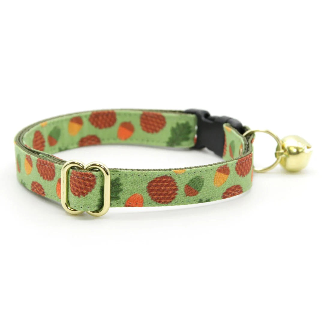 Bow Tie Cat Collar Set - "Woodland - Moss" - Pine Cones & Acorns Forest Green Cat Collar w/ Matching Bowtie / Cat