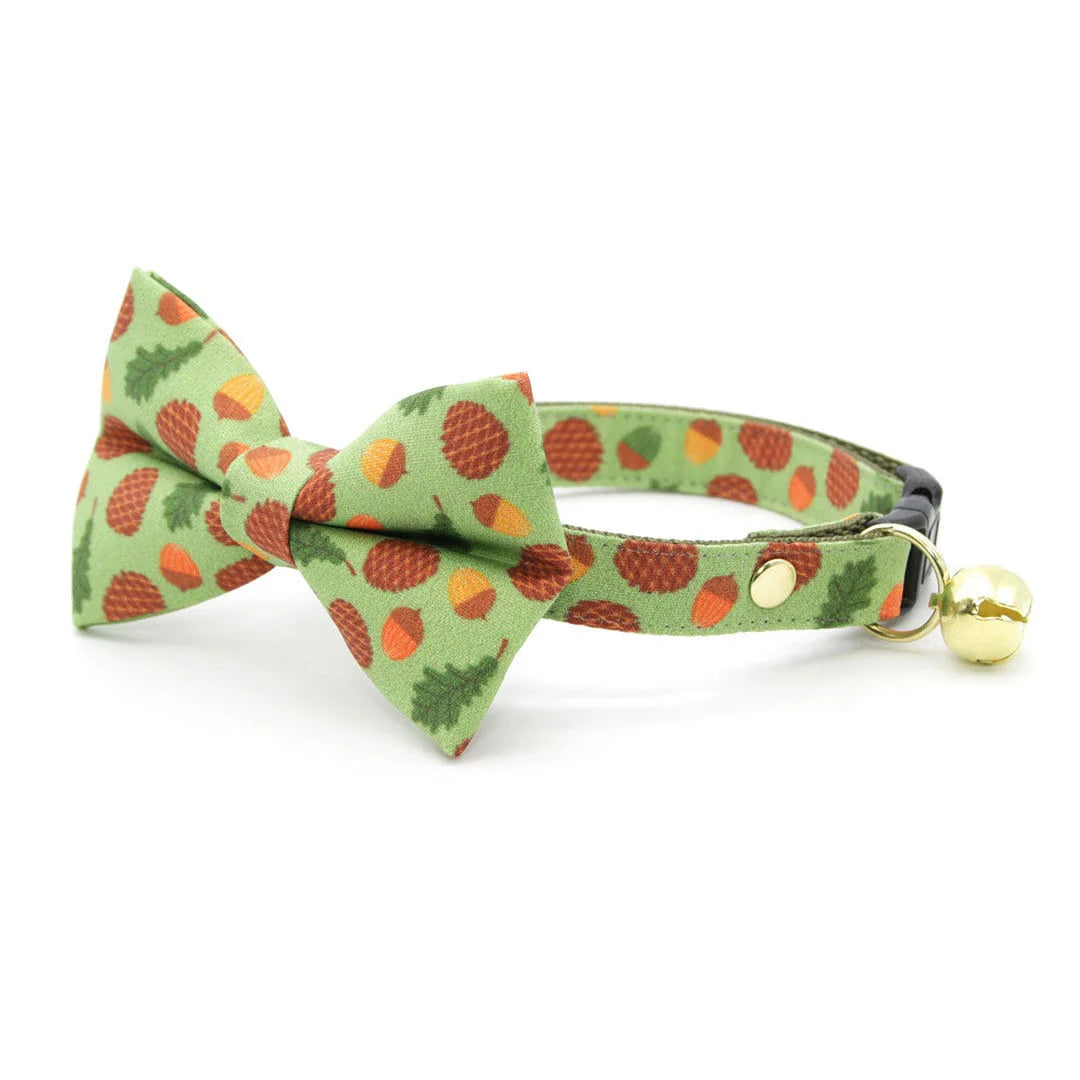 Bow Tie Cat Collar Set - "Woodland - Moss" - Pine Cones & Acorns Forest Green Cat Collar w/ Matching Bowtie / Cat