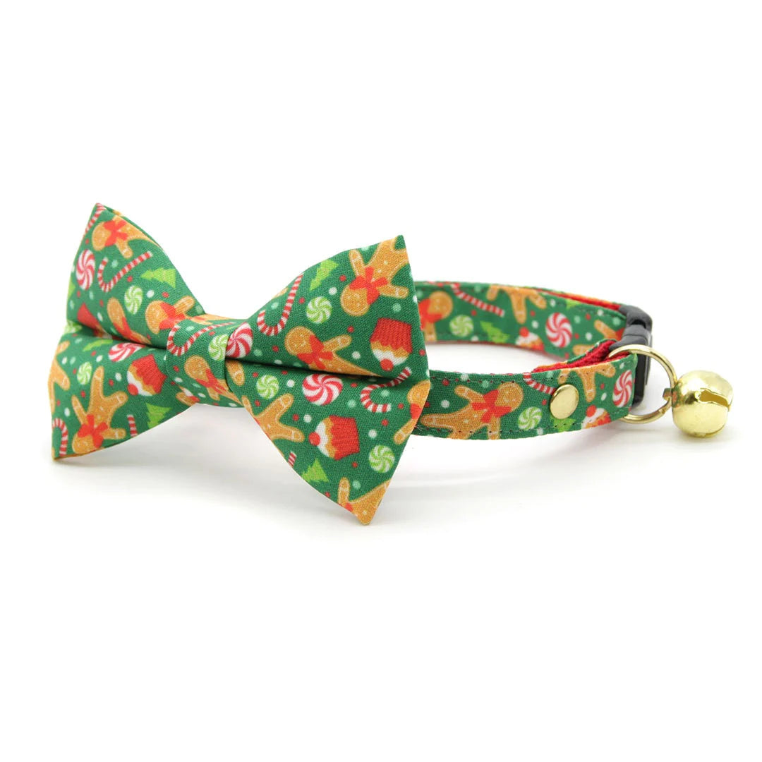 Bow Tie Cat Collar Set - "Christmas Treats - Green" - Gingerbread Holiday Cat Collar w/ Matching Bowtie / Cat