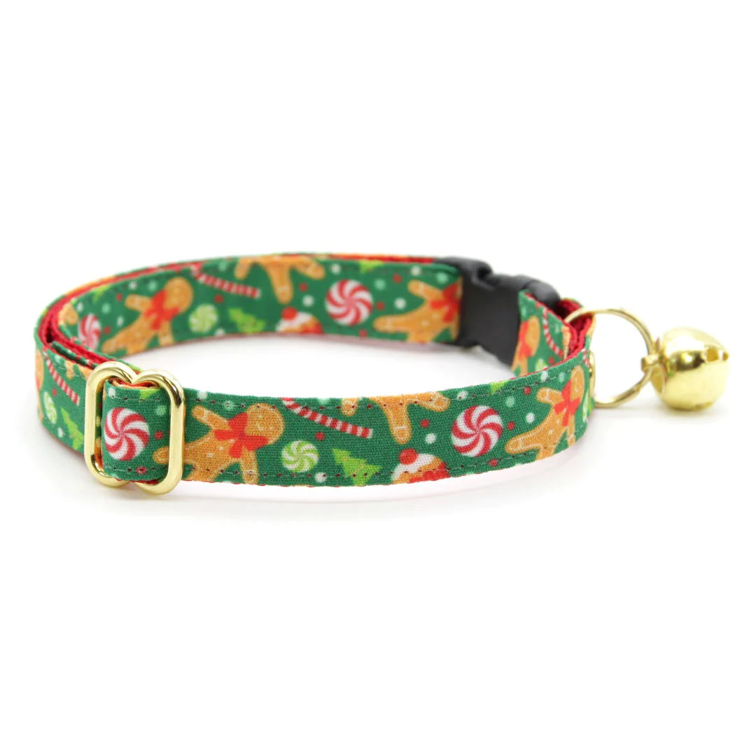 Bow Tie Cat Collar Set - "Christmas Treats - Green" - Gingerbread Holiday Cat Collar w/ Matching Bowtie / Cat