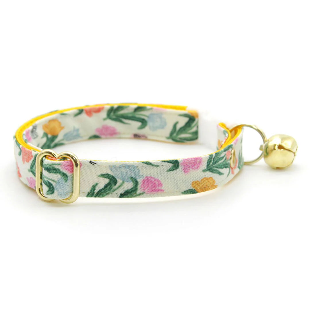 Bow Tie Cat Collar Set - "Tulip Fields - Cream" - Rifle Paper Co® Fabric Floral Cat Collar w/ Matching Bowtie / Spring, Easter / Cat