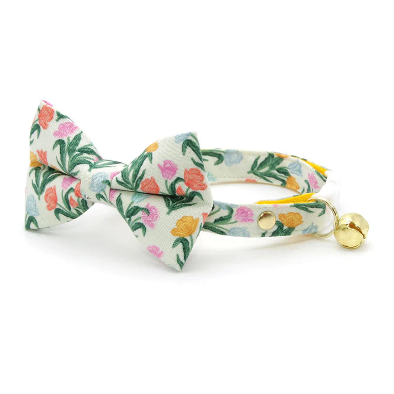 Bow Tie Cat Collar Set - "Tulip Fields - Cream" - Rifle Paper Co® Fabric Floral Cat Collar w/ Matching Bowtie / Spring, Easter / Cat