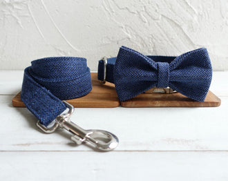 Navy Wool Collar Leash Bowtie