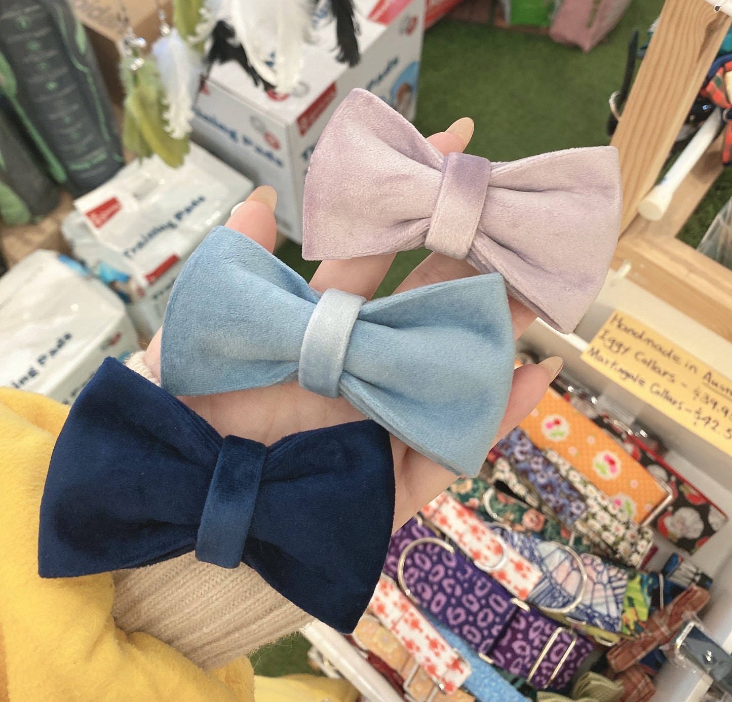 Sky Blue Velour Collar Leash Bowtie