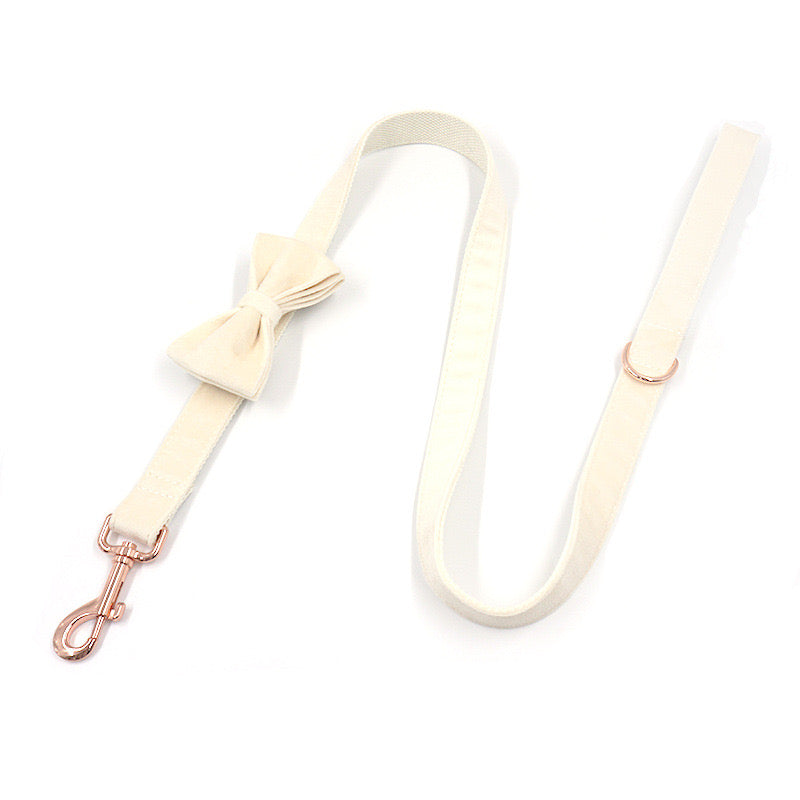 White Velour Collar Leash Bowtie