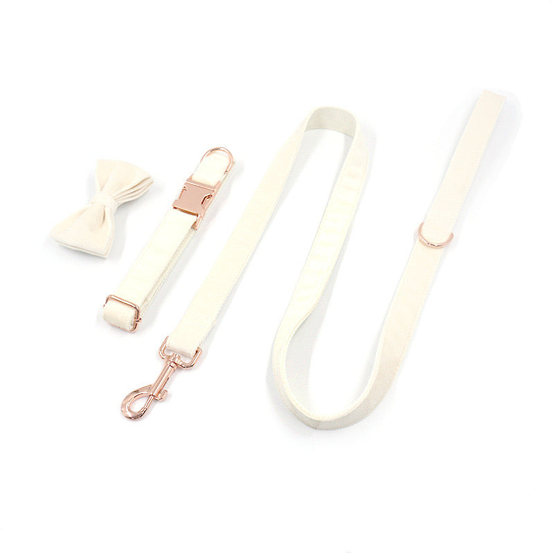 White Velour Collar Leash Bowtie