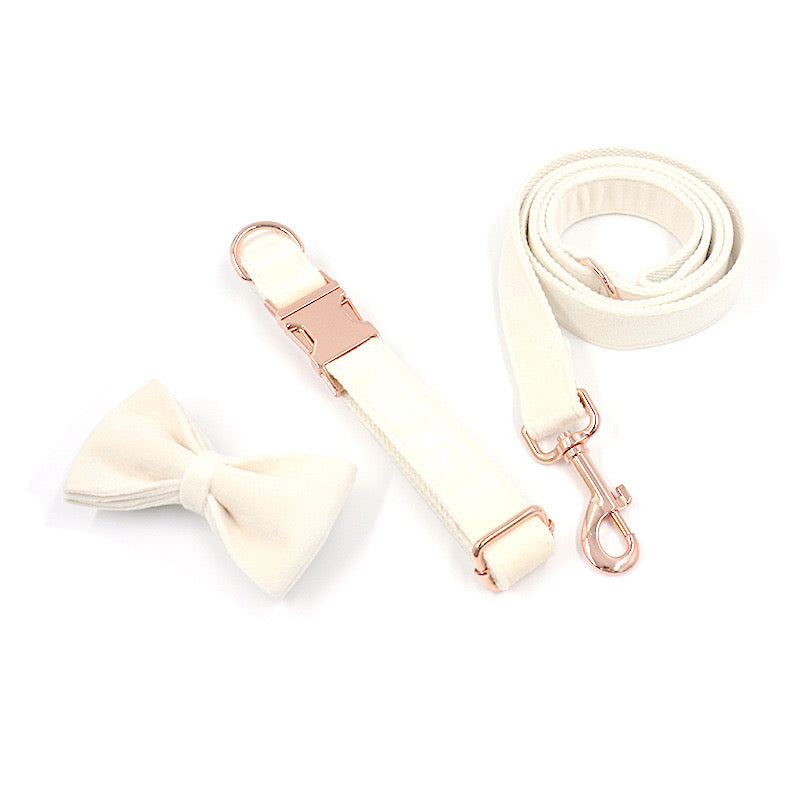 White Velour Collar Leash Bowtie