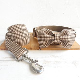 Brown Checks Collar Leash Bowtie