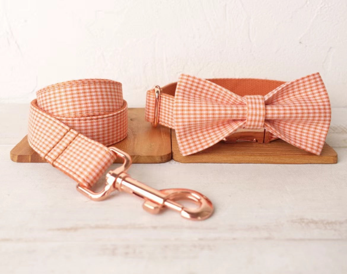 Orange Checks Collar Leash Bowtie