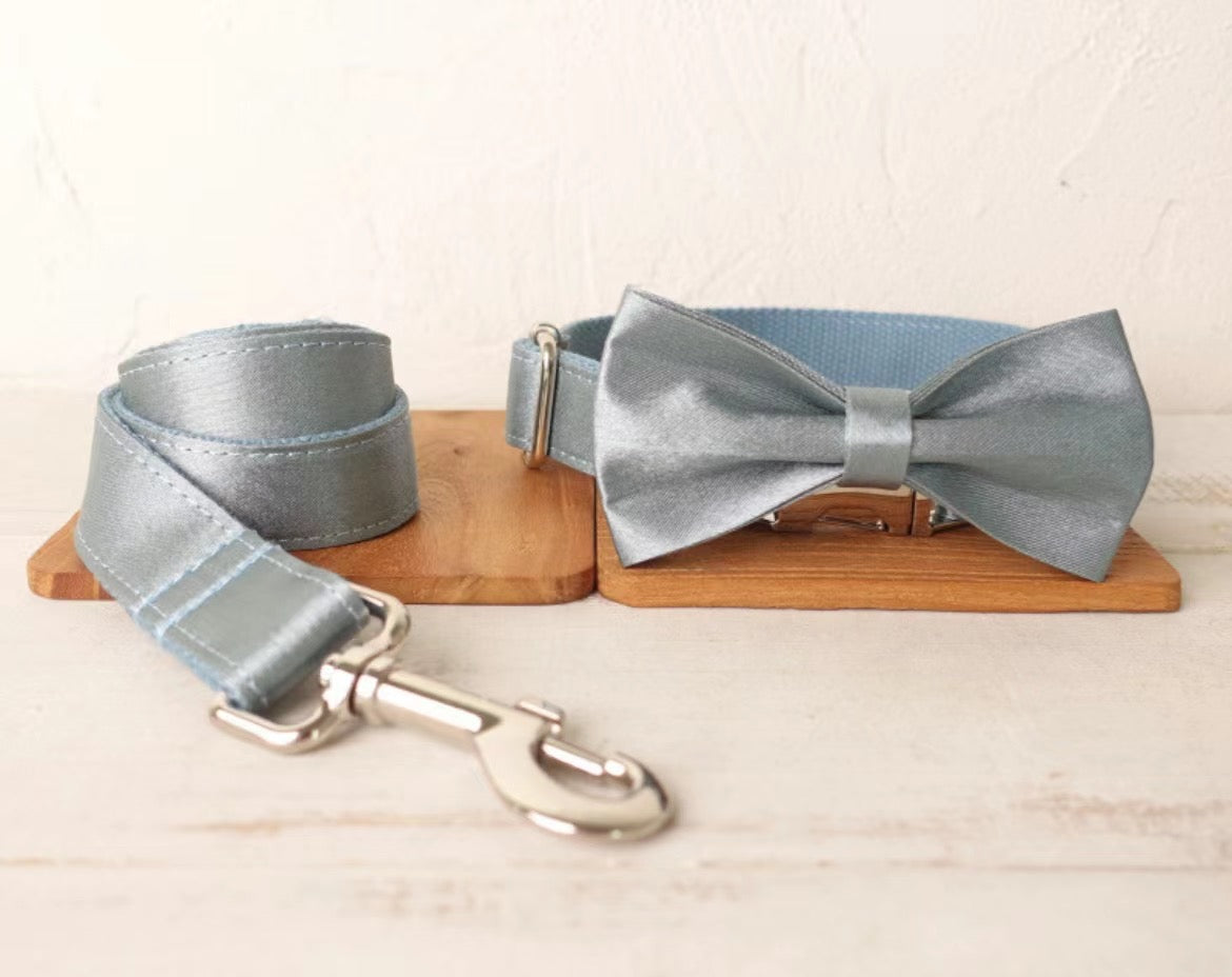 Silk Blue Collar Leash Bowtie