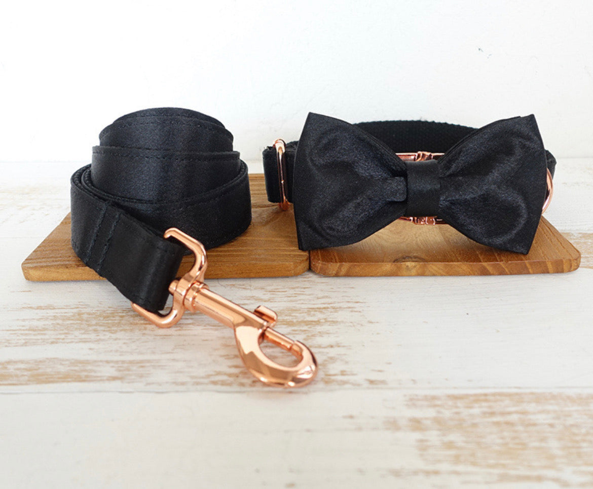Black Silk Collar Leash Bowtie