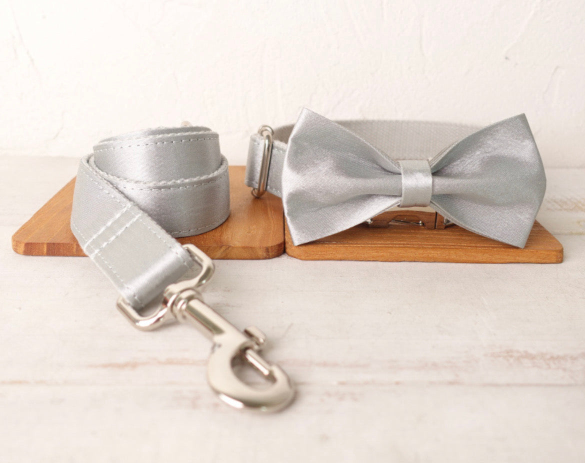Silk Silver Collar Leash Bowtie