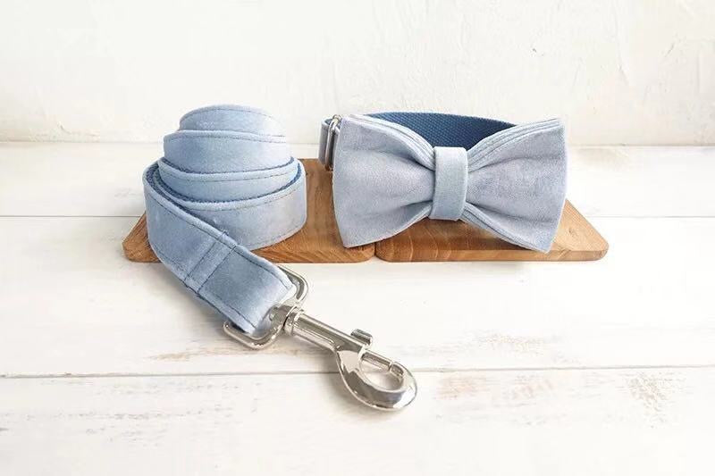 Sky Blue Velour Collar Leash Bowtie