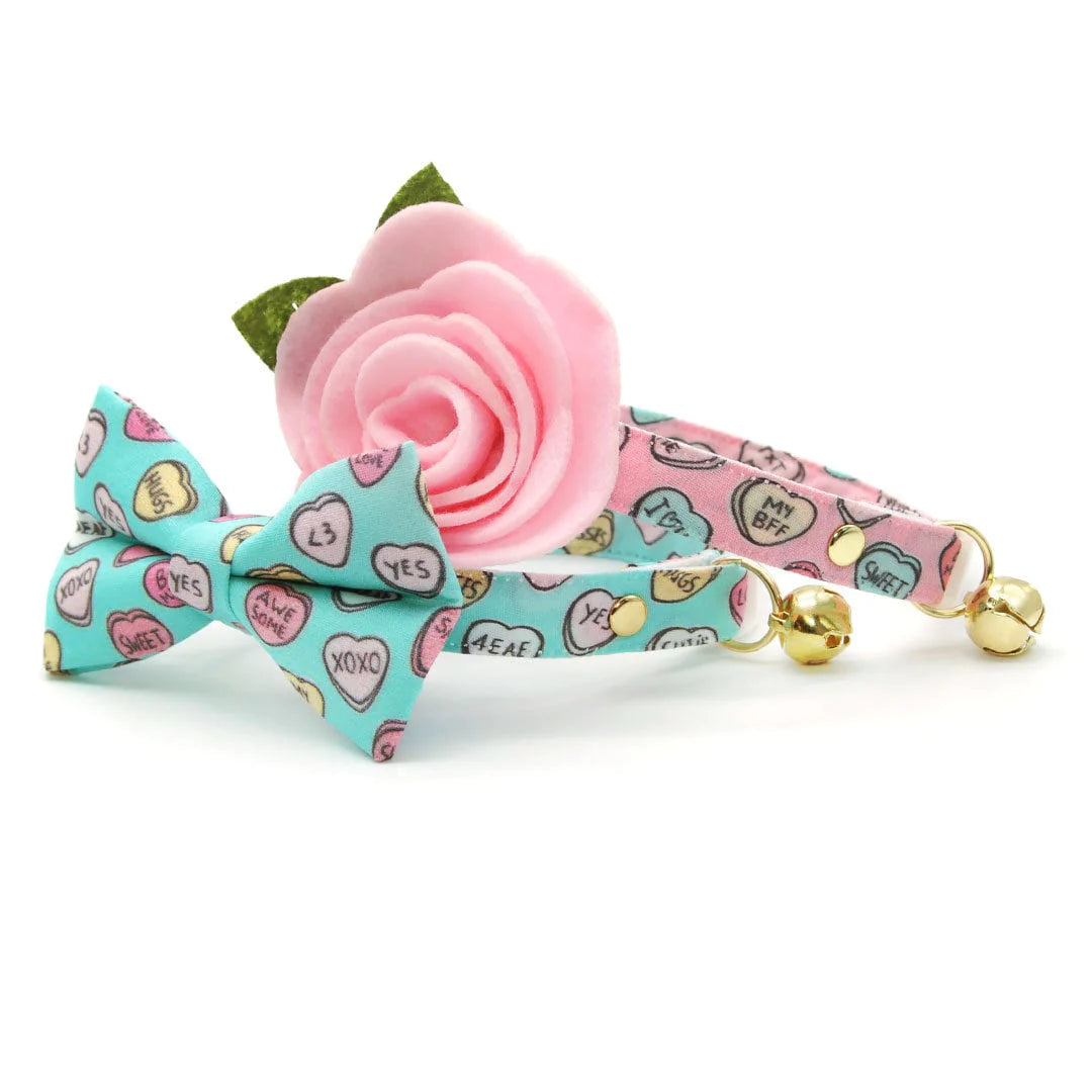Conversation Hearts - Mint" - Candy Heart Cat Collar Bowtie