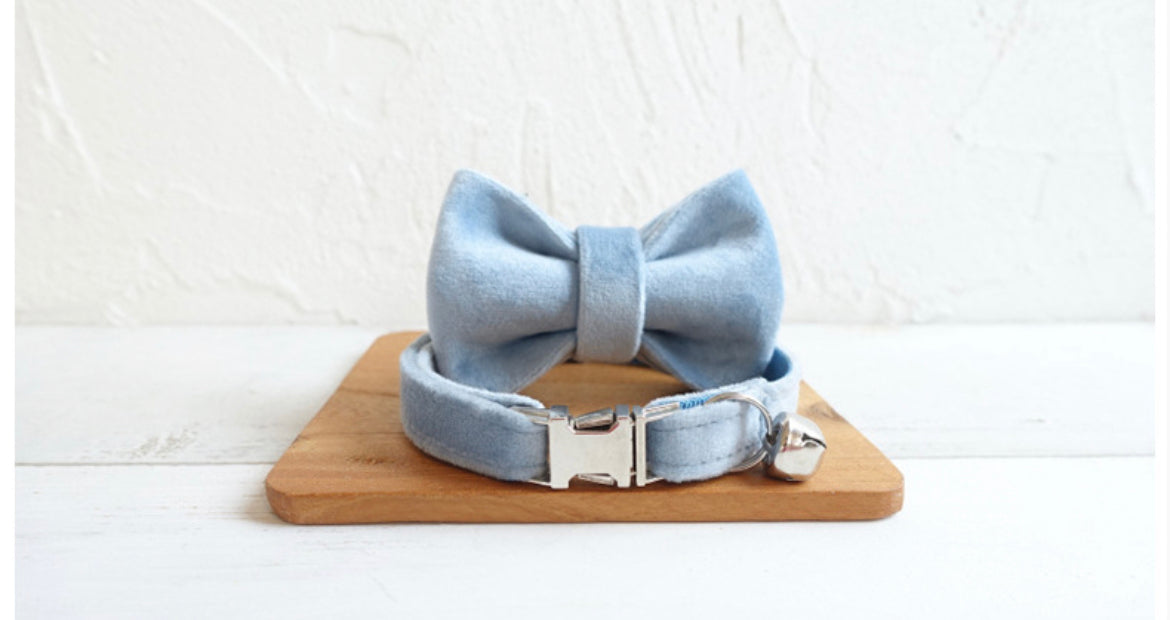 Sky Blue Velvet Cat/Puppy Collar Bowtie