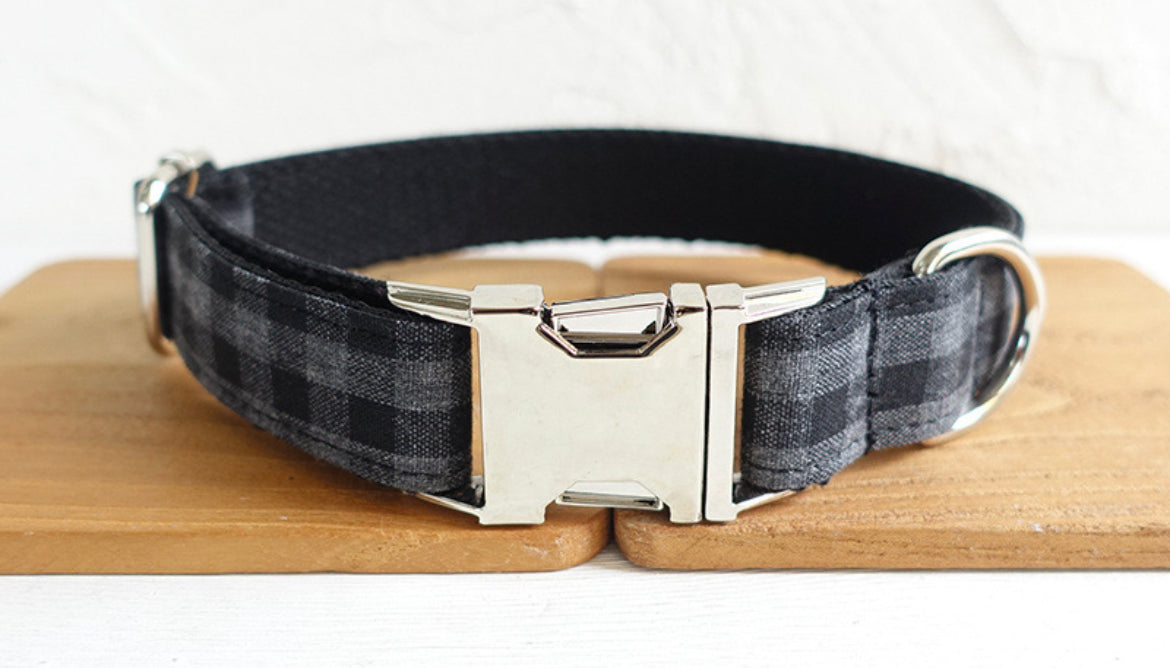 Black Grey Checks Collar Leash Bowtie