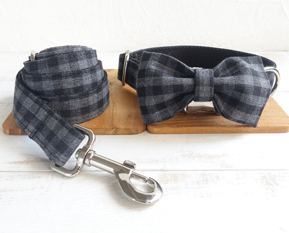 Black Grey Checks Collar Leash Bowtie