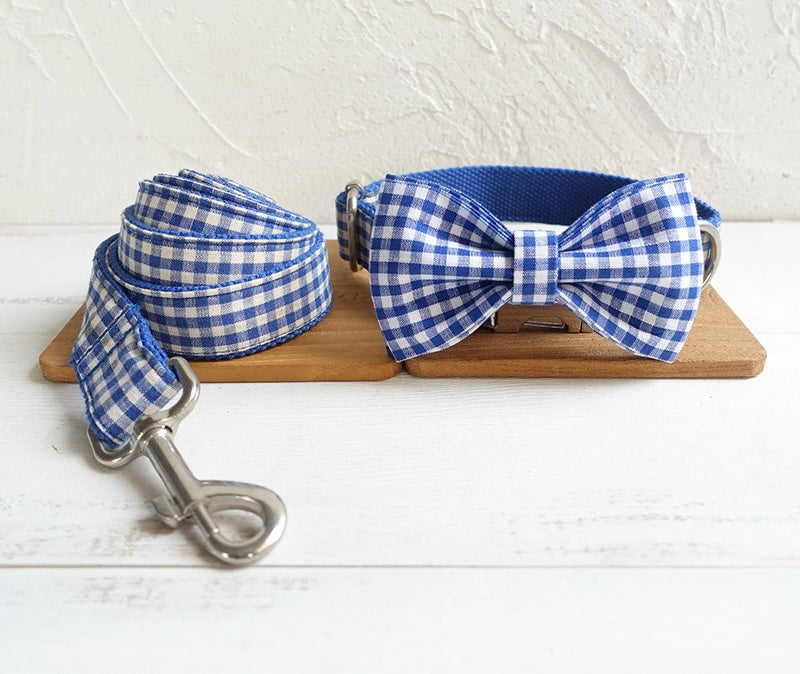 Blue Checks Bowtie Collar and Leash