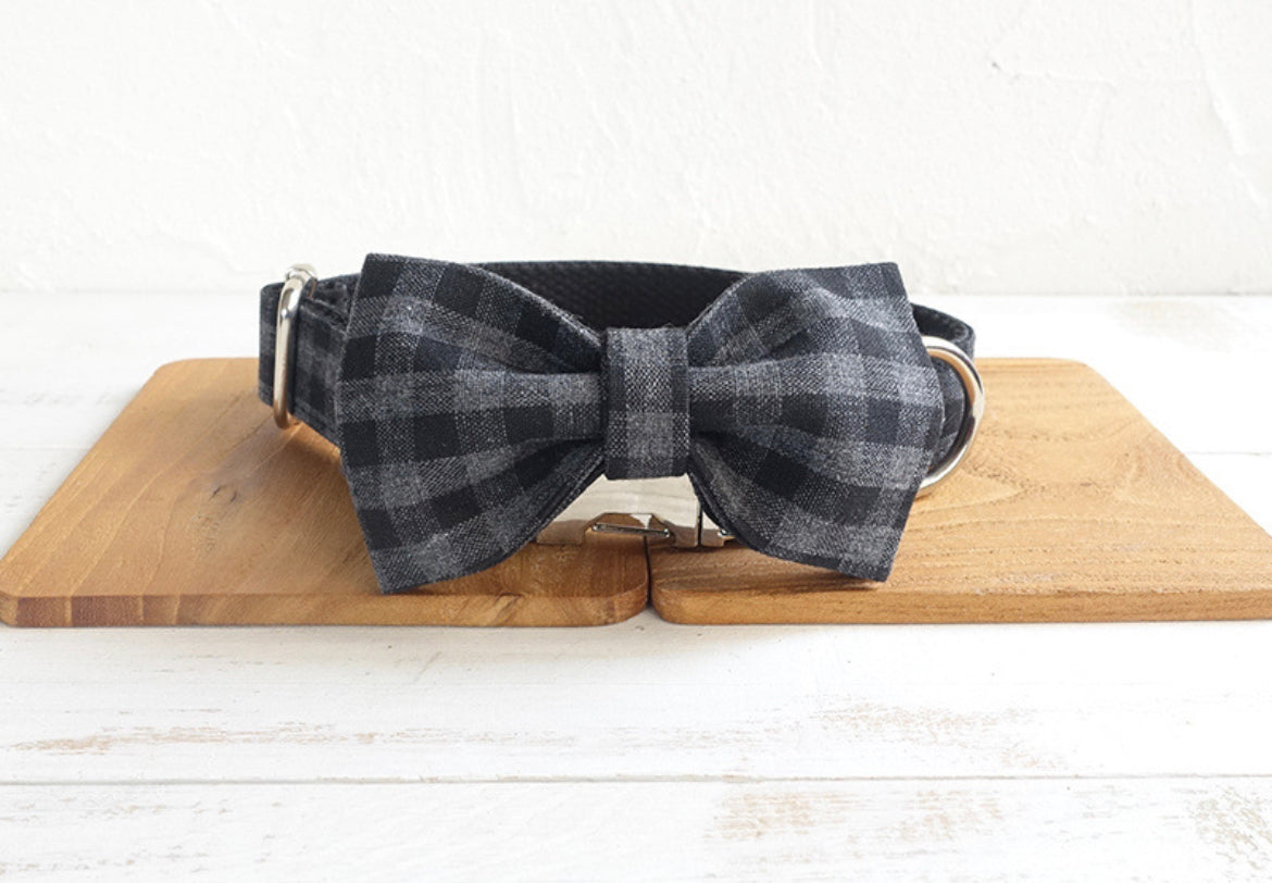 Black Grey Checks Collar Leash Bowtie