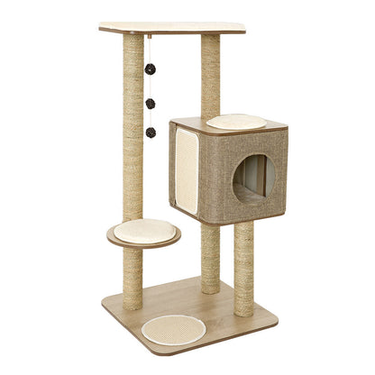 Taily Cat Scratching Tree Post Cubox Wooden Cat Tower Condo Removable Cover Cat Trees Furniture Toy for Indoor Cats