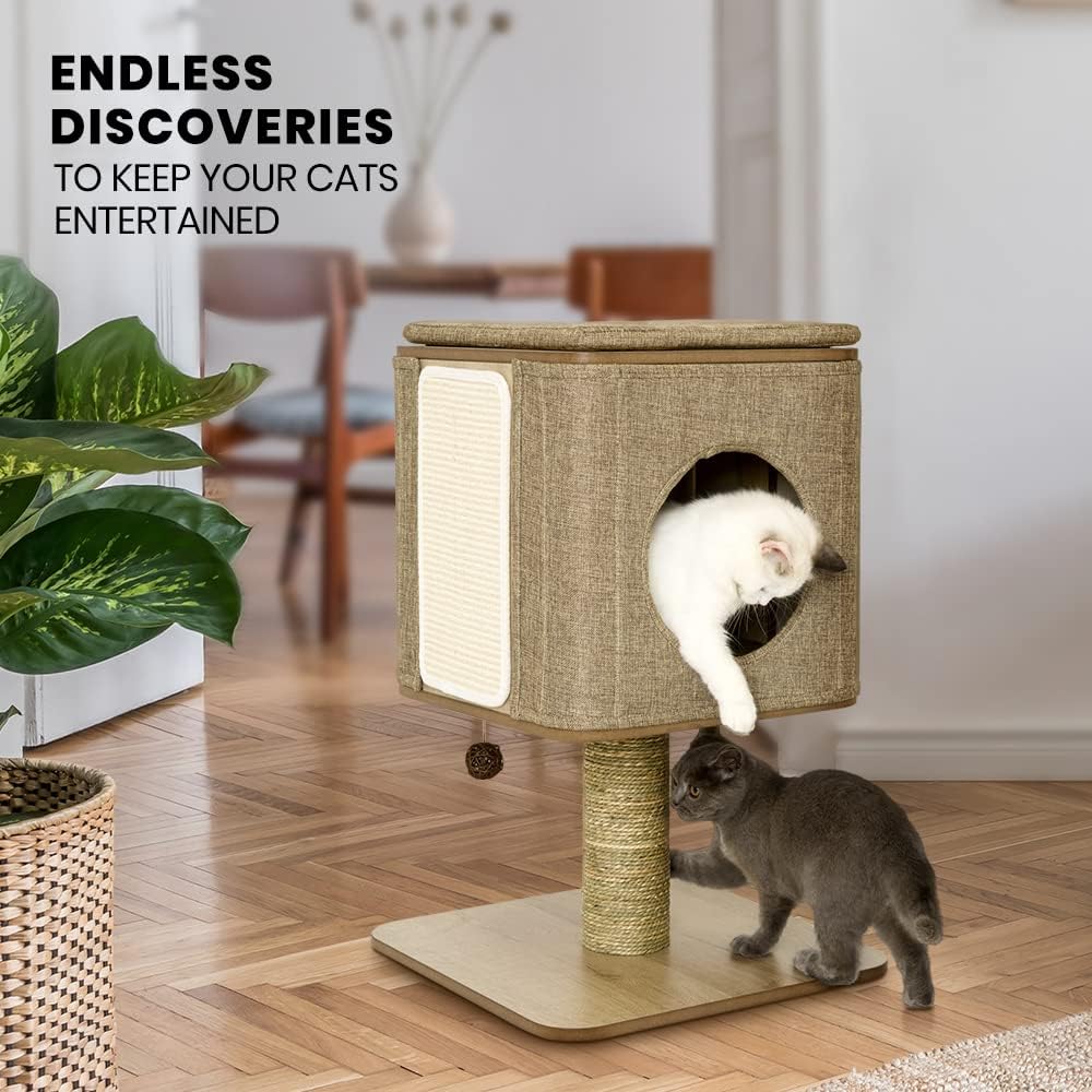 Taily Wooden Cat Tower Scratching Tree Post Cubox House Removable Cover Cat Trees Modern Furniture for Indoor Cats