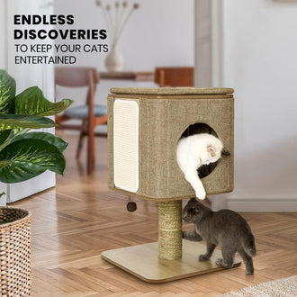 Taily Wooden Cat Tower Scratching Tree Post Cubox House Removable Cover Cat Trees Modern Furniture for Indoor Cats