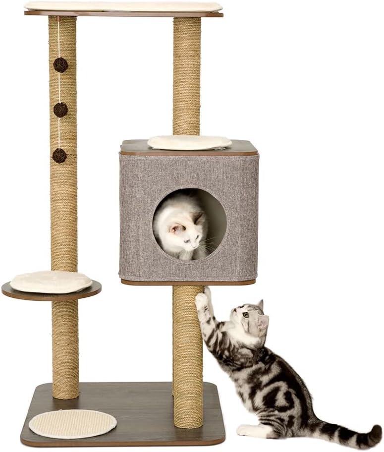 Taily Cat Scratching Tree Post Cubox Wooden Cat Tower Condo Removable Cover Cat Trees Furniture Toy for Indoor Cats