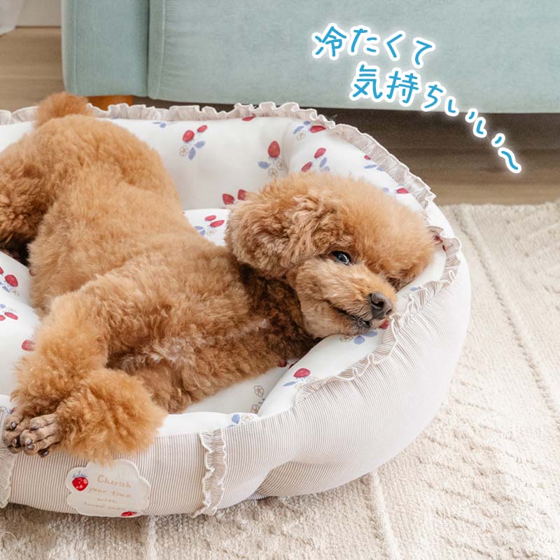 Strawberry Pattern Dog Cooling Cuddler Bed – Round Cool-Touch Pet Bed