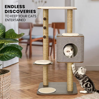 Taily Cat Scratching Tree Post Cubox Wooden Cat Tower Condo Removable Cover Cat Trees Furniture Toy for Indoor Cats