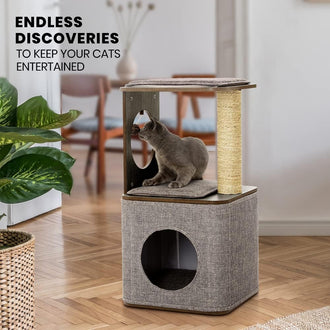 Taily Wooden Cat Tree King Scratching Post Cubox Condo Removable Cover Modern Cat Furniture House for Indoor Cats