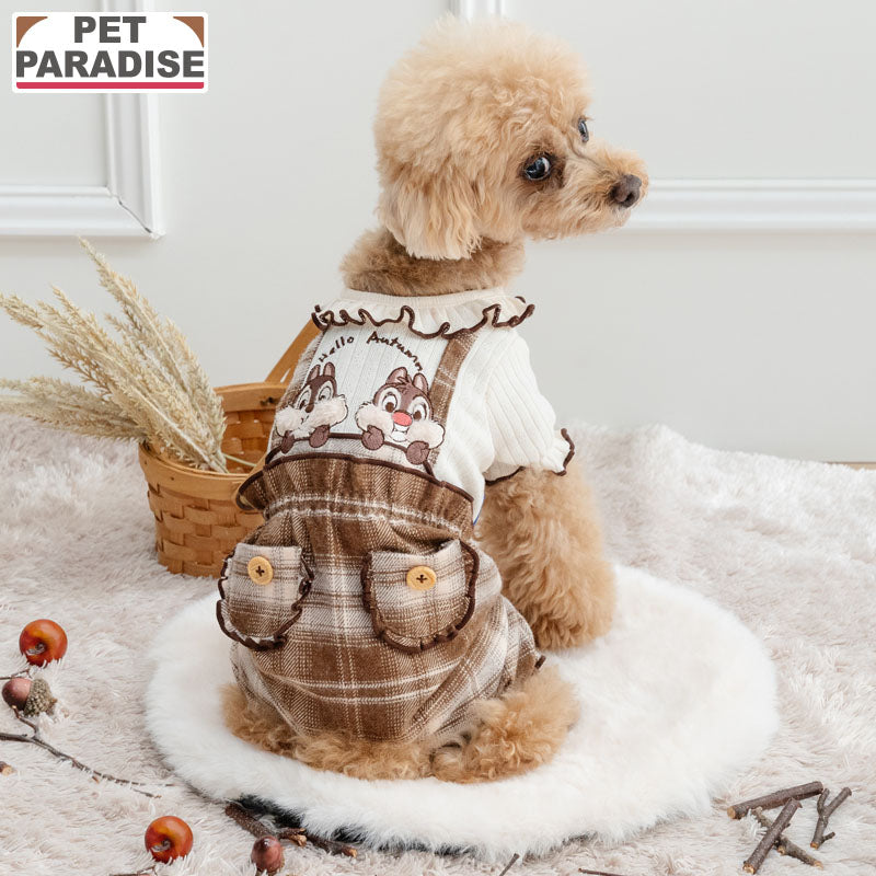 Authentic Disney Chip and Dale Dog Clothes Autumn Pants Jumpsuit Check Pattern