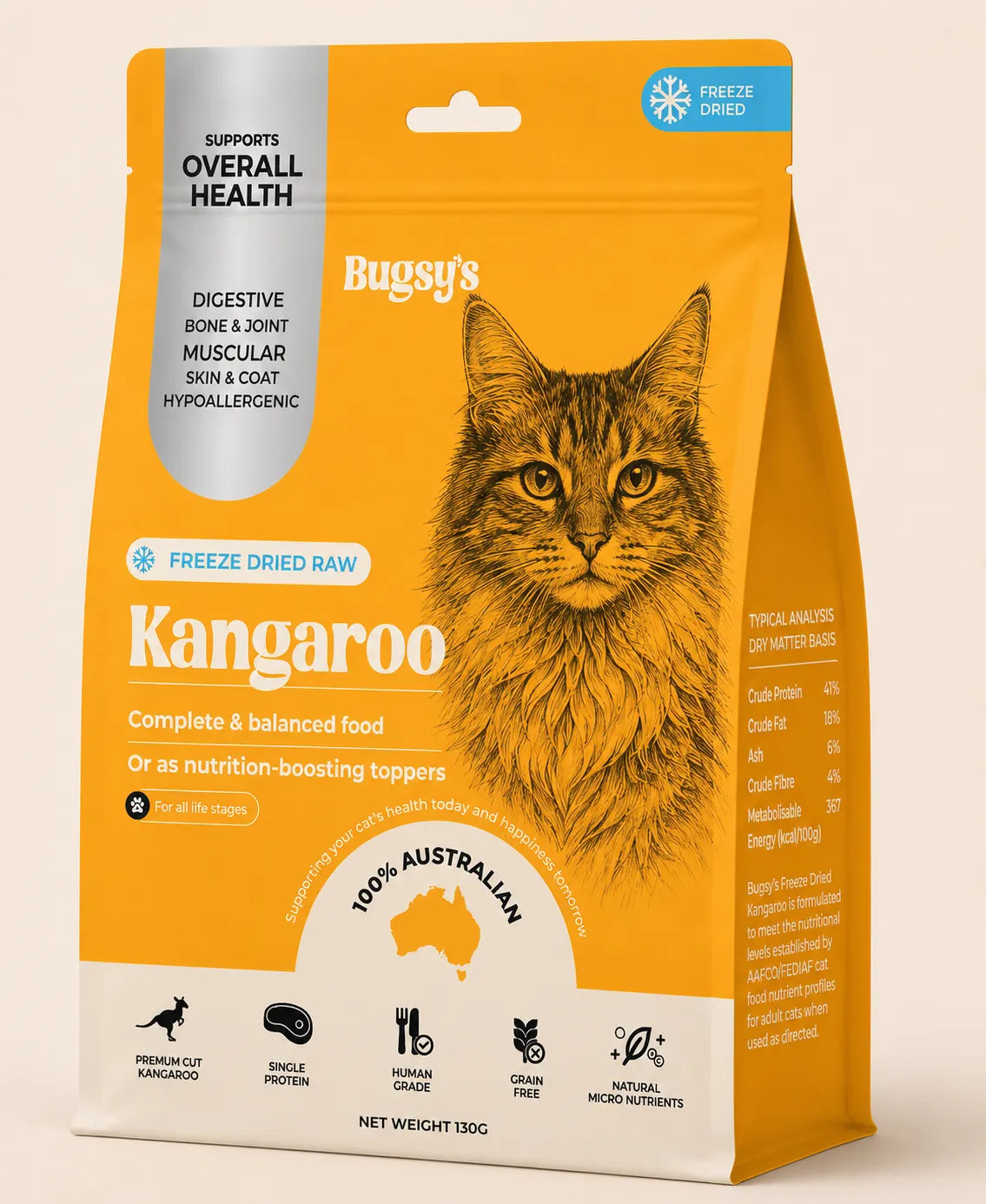 Bugsy Freeze-Dried Kangaroo Cat Food 130g | Complete & Balanced
