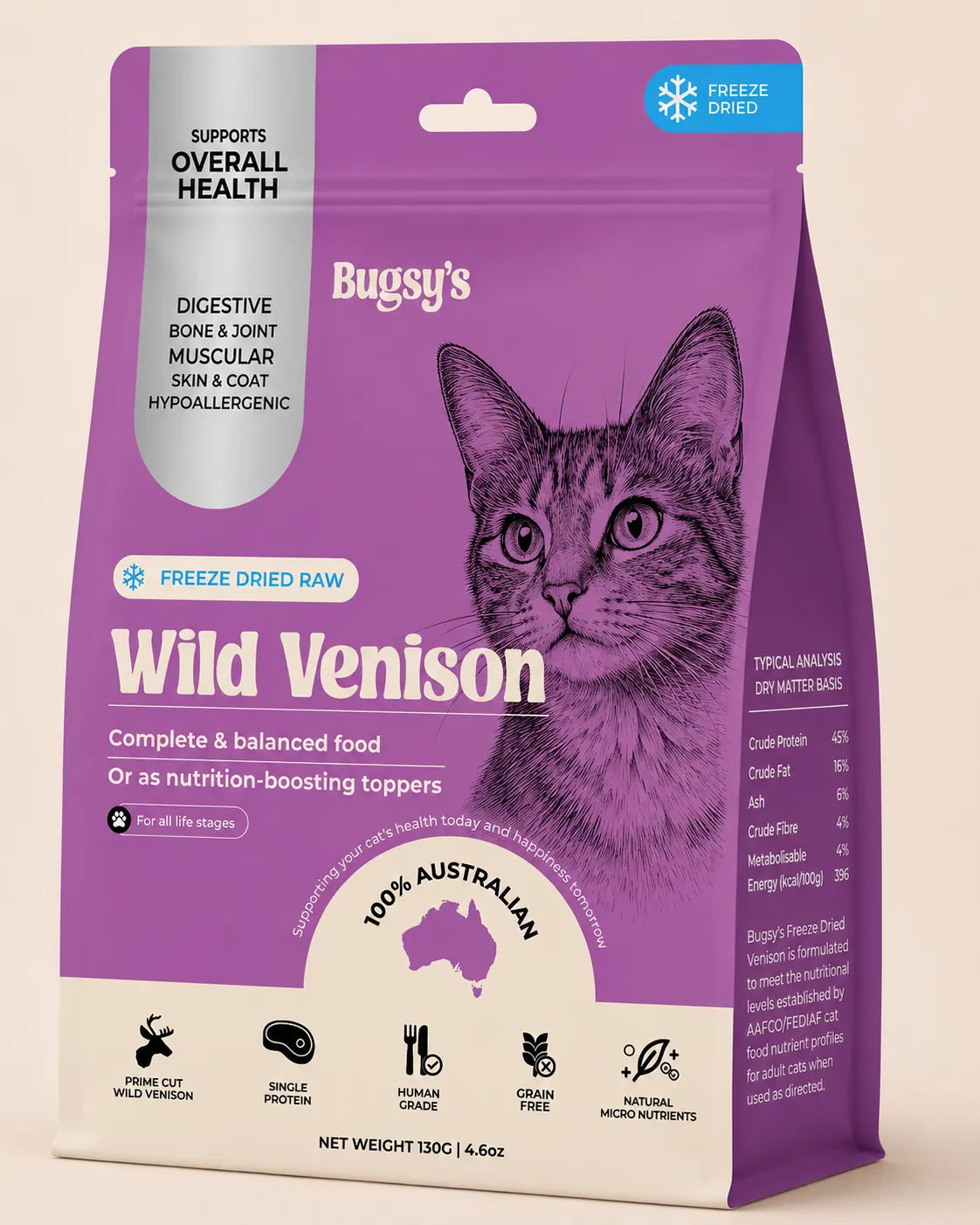 Bugsy Freeze-Dried Venison Cat Food 130g | Complete & Balanced