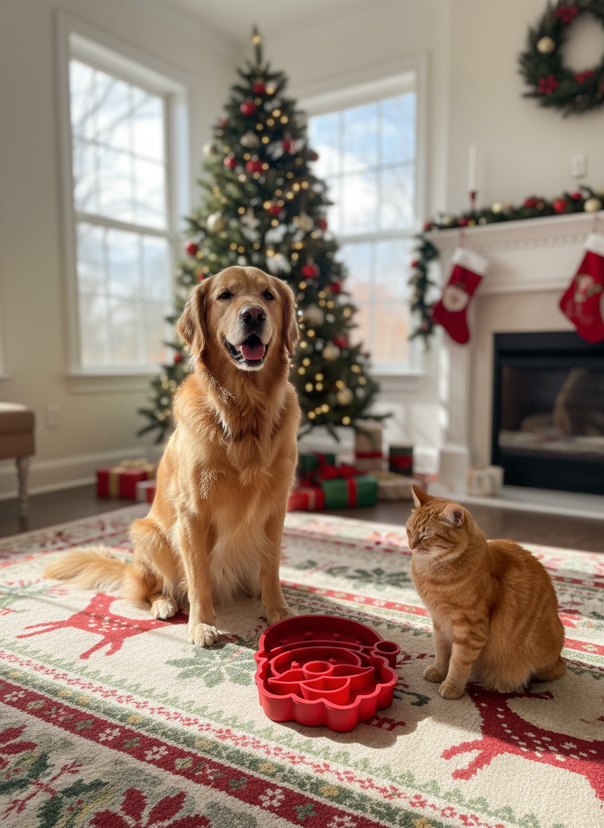 Xmas 3-in-1 Pet Slow Food Bowl Silicone Licking Mat and Puzzle Feeder Hamper