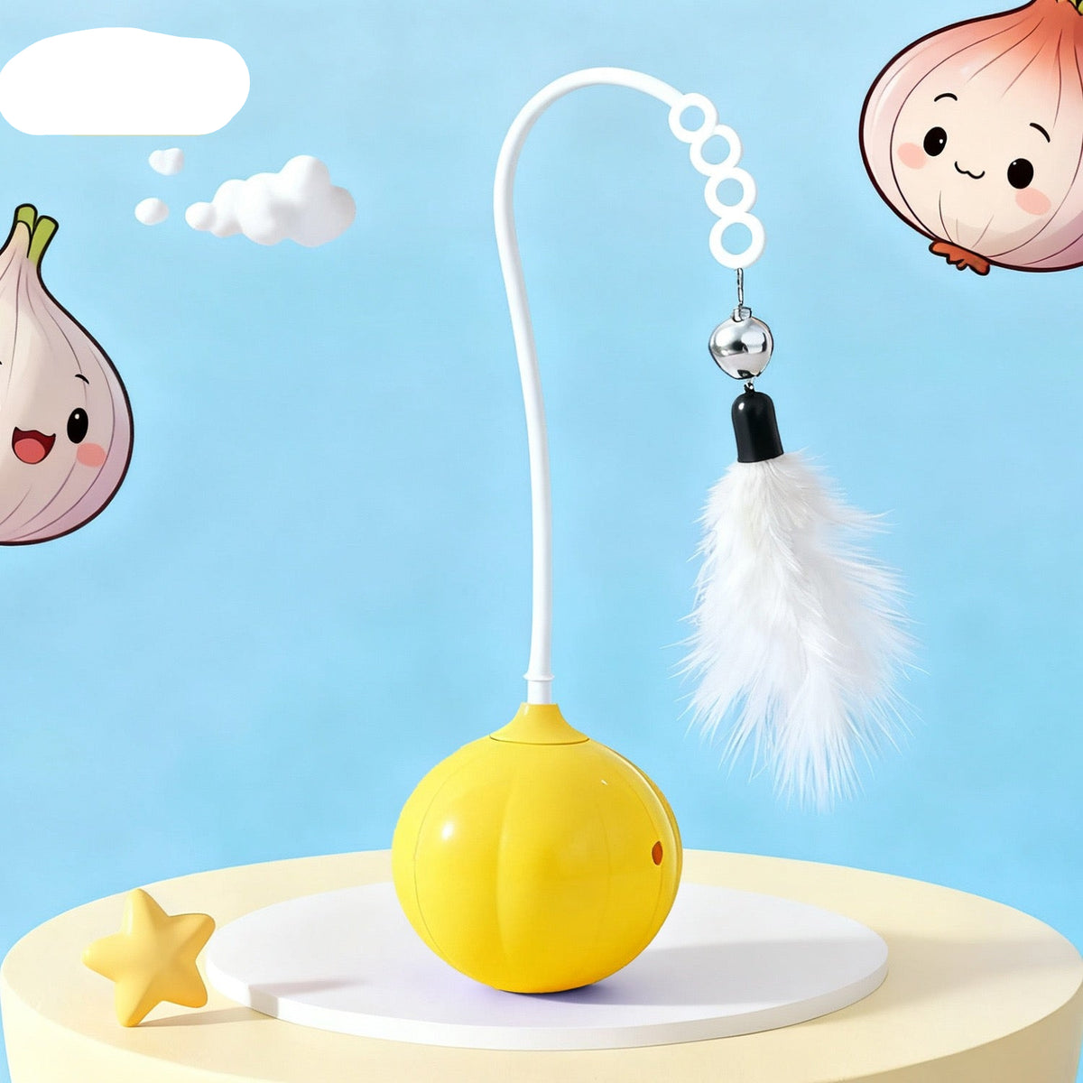A yellow duck-shaped laser pointer toy with a white flexible arm, white feather, and silver bell, displayed on a white round platform against a light blue background with cartoon onion and garlic illustrations.