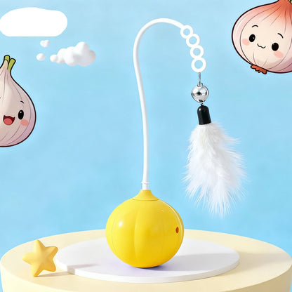 A yellow duck-shaped laser pointer toy with a white flexible arm, white feather, and silver bell, displayed on a white round platform against a light blue background with cartoon onion and garlic illustrations.