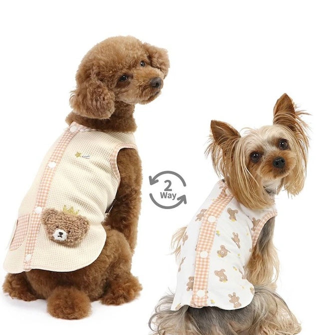 Vest, small dog, bear pattern, reversible | Skin-friendly, cotton, easy to wear, open back, prevents head from passing through