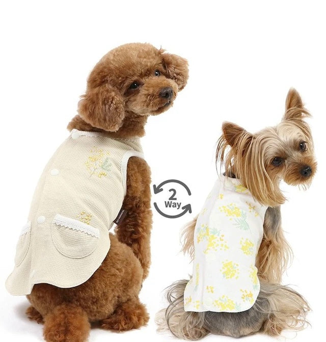 Vest, small dog, mimosa pattern, reversible | Skin-friendly, cotton, easy to wear, open back, prevents head from passing through